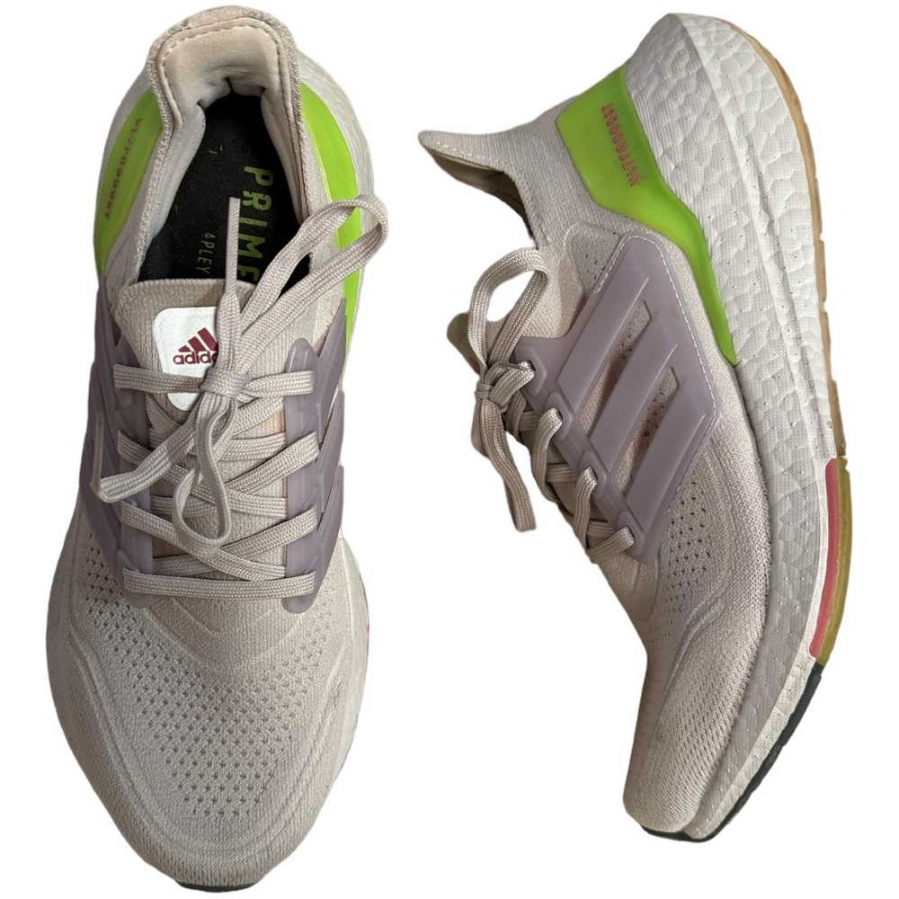 adidas Ultraboosts in light purple and green